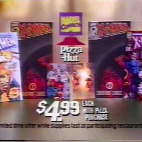 Commercials app: a still from a 1990s Pizza Hut X-Men ad