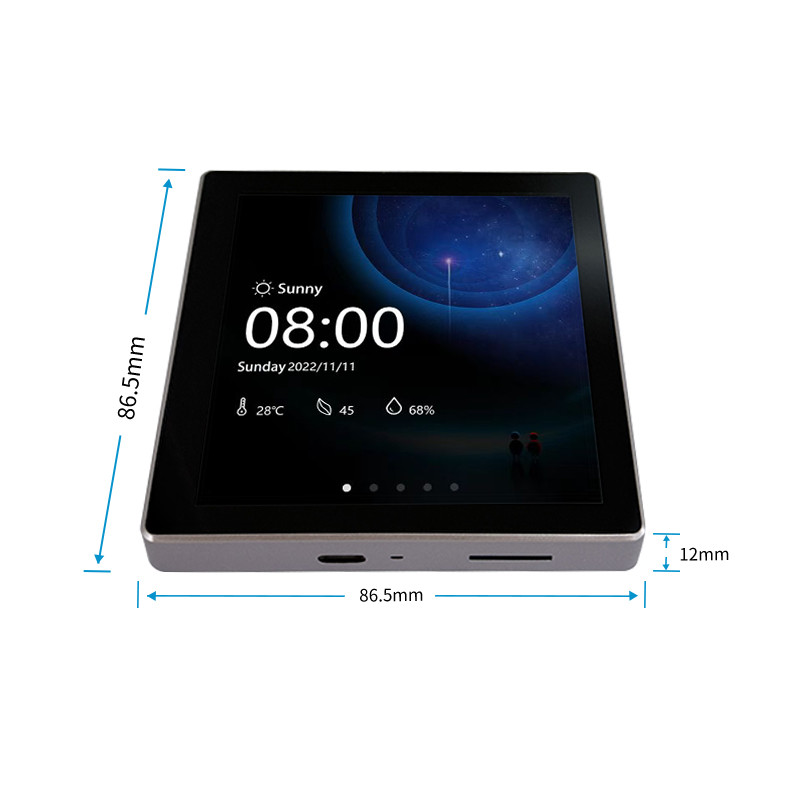 The Hosaka panel: an 86.5 mm square display, 12 mm thick, with a USB-C port on the bottom edge