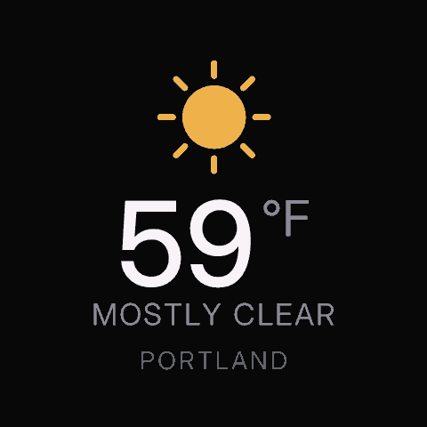 Weather app: sun icon, 59°F, mostly clear, Portland